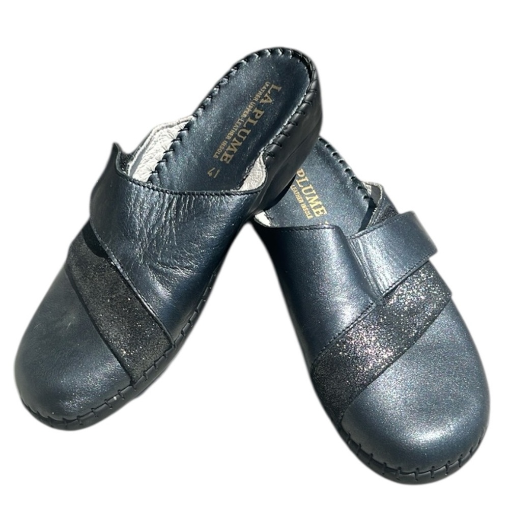 La Plume Women York Leather Black Slip-On Mules Clog Shimmer Sz 10, EU 41Comfort